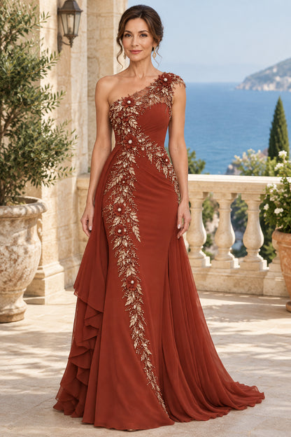One-Shoulder Floral Appliqué Gown with Overskirt
