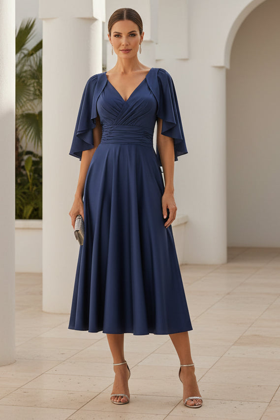 V-Neck Flutter Sleeve A-Line Midi Dress
