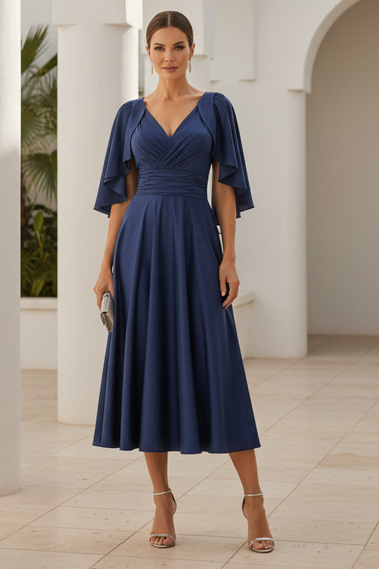 V-Neck Flutter Sleeve A-Line Midi Dress