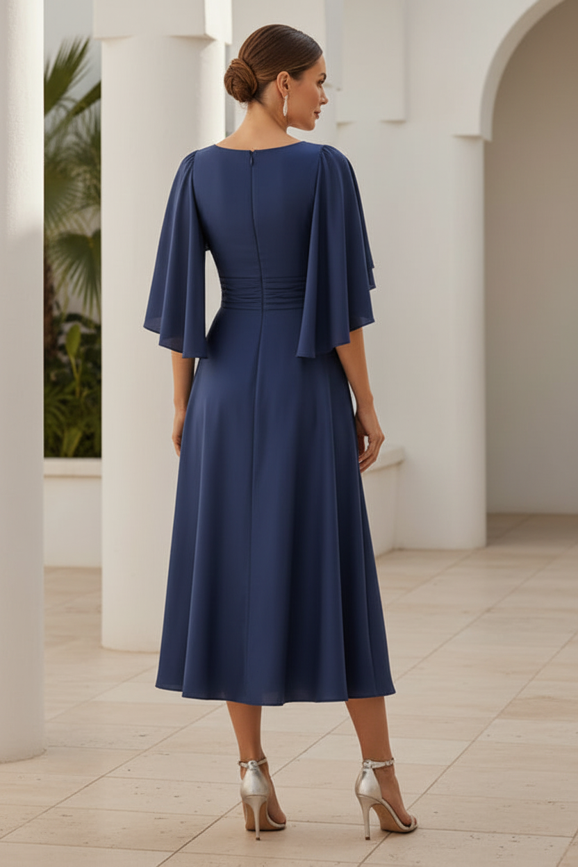 V-Neck Flutter Sleeve A-Line Midi Dress