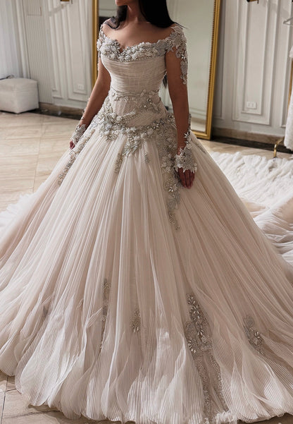 Pleated Tulle Ball Gown Wedding Dress