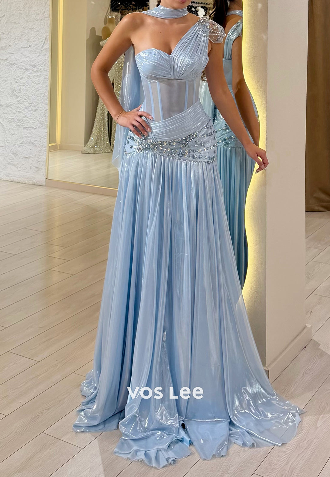 One-Shoulder Corset Gown with Beaded Waist & Slit