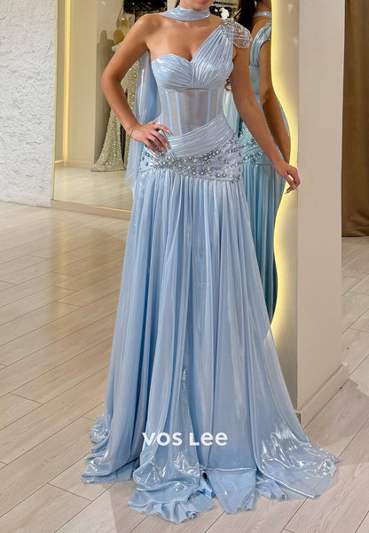 One-Shoulder Corset Gown with Beaded Waist & Slit