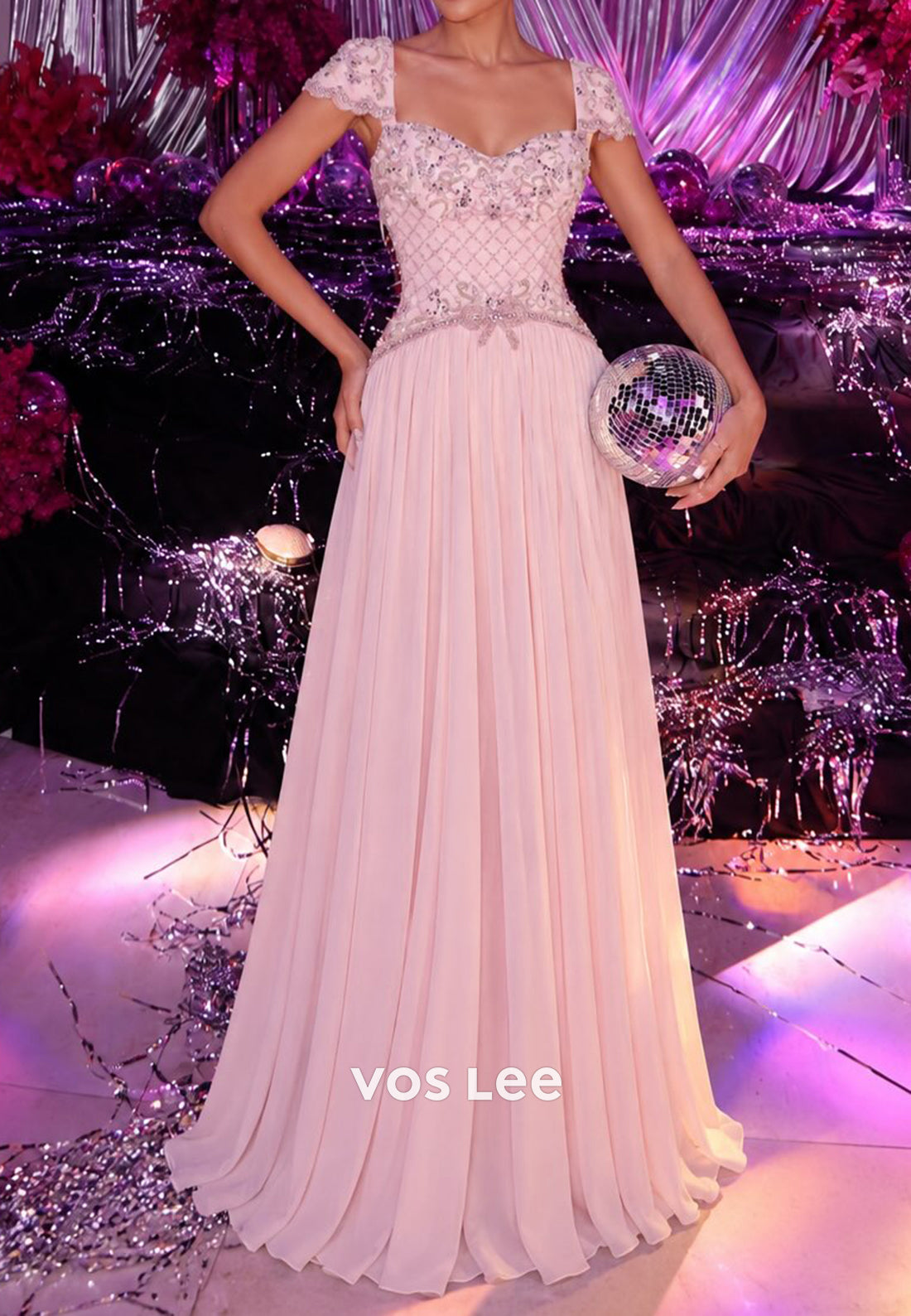 Beaded Bodice Cap Sleeve A-Line Gown