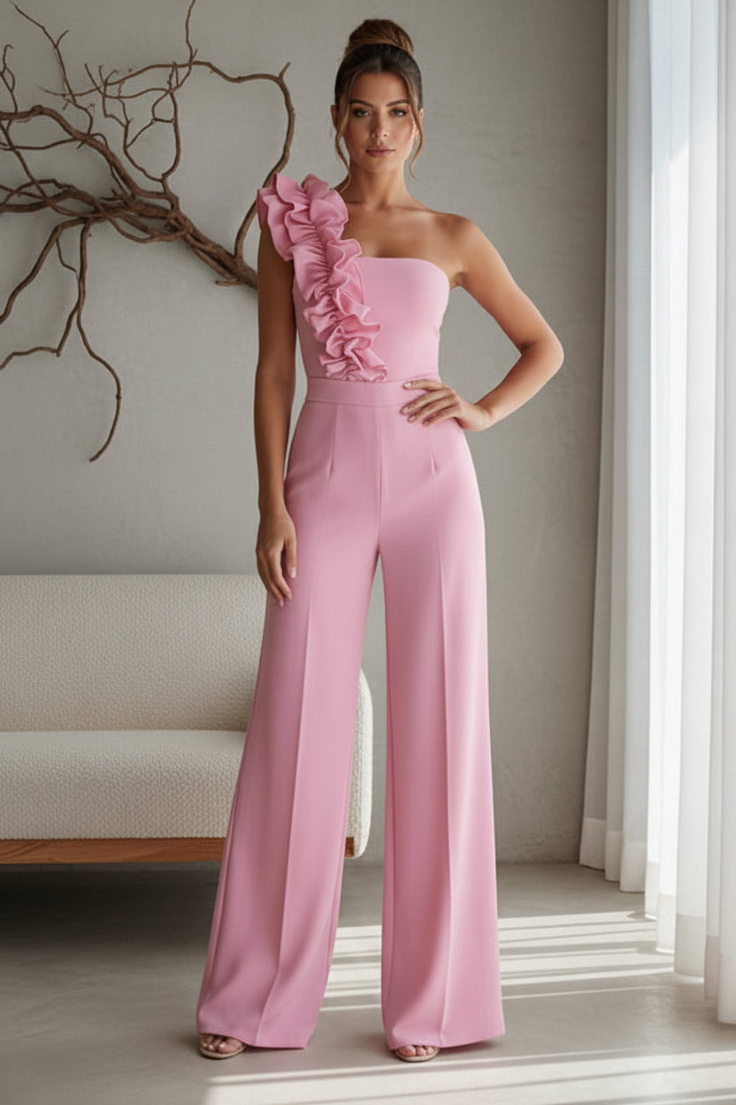 One-Shoulder Ruffle Wide-Leg Jumpsuit