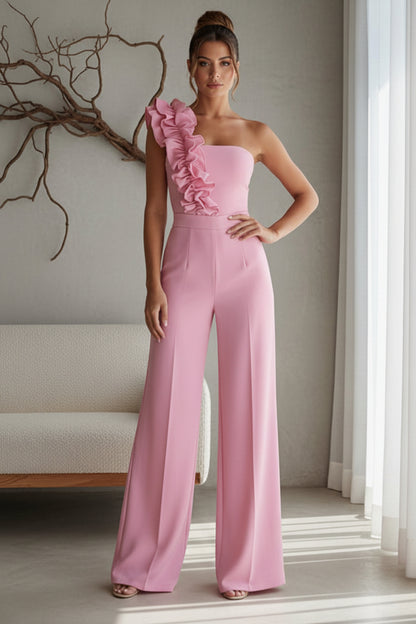 One-Shoulder Ruffle Wide-Leg Jumpsuit