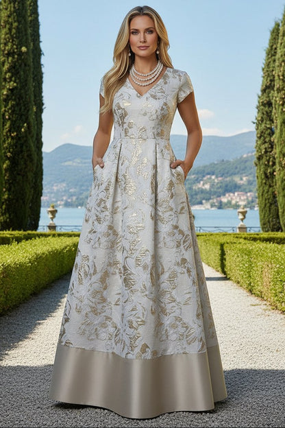 Floral Jacquard A-Line Gown with Pockets