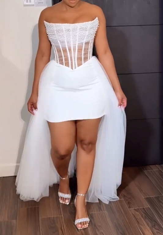 Pearl Corset Mini Wedding Dress with Tulle Train