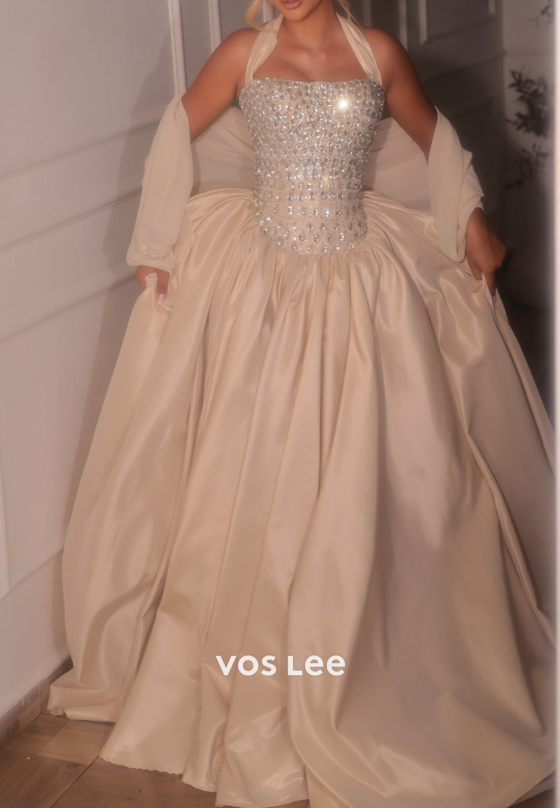 Crystal Beaded Halter Ball Gown with Shawl