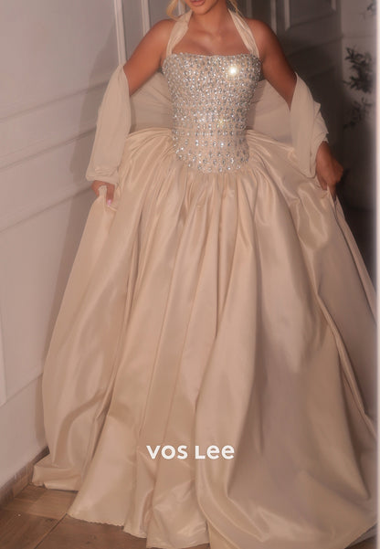 Crystal Beaded Halter Ball Gown with Shawl
