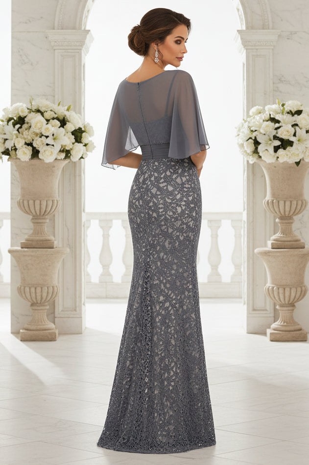Lace Mermaid Gown with Chiffon Cape Sleeves