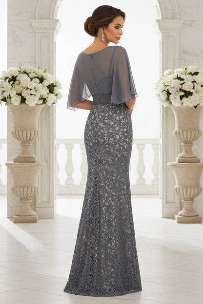 Lace Mermaid Gown with Chiffon Cape Sleeves