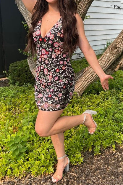 Floral Beaded Crisscross Back Mini Dress
