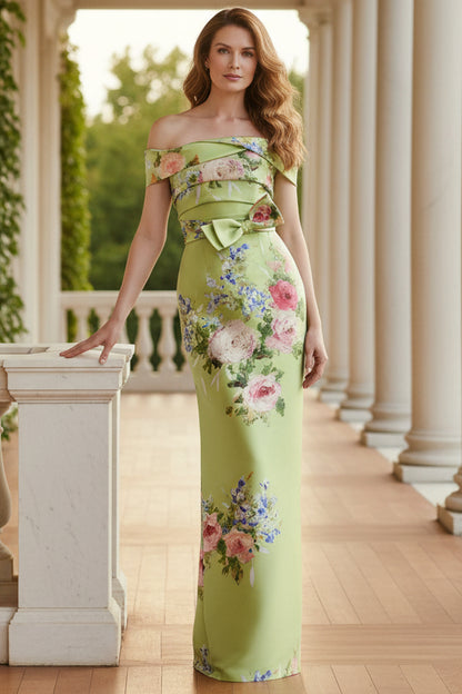 Off-the-Shoulder Floral Column Gown with Bow