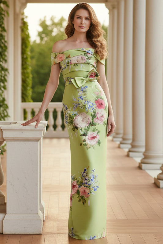 Off-the-Shoulder Floral Column Gown with Bow