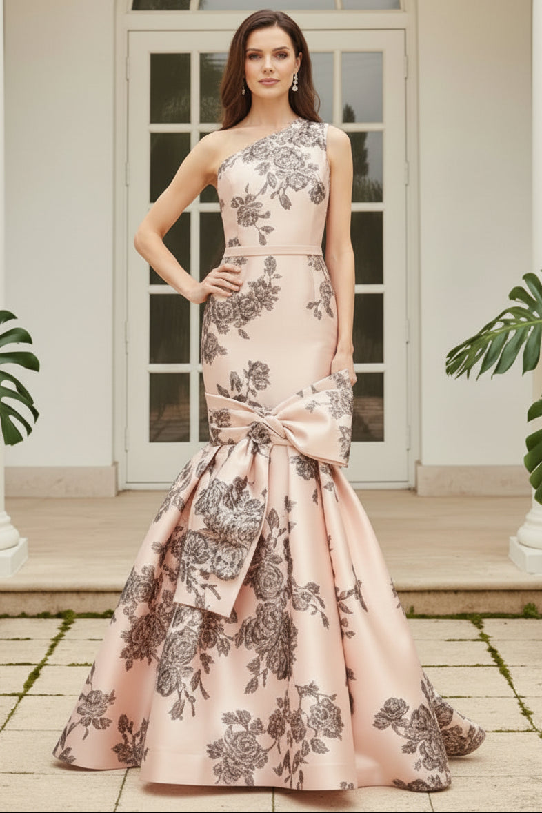 One-Shoulder Floral Mermaid Gown with Bow Accent