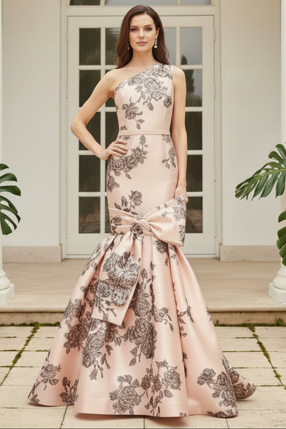 One-Shoulder Floral Mermaid Gown with Bow Accent