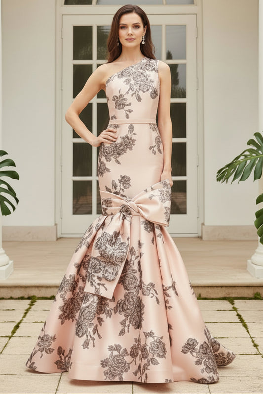 One-Shoulder Floral Mermaid Gown with Bow Accent