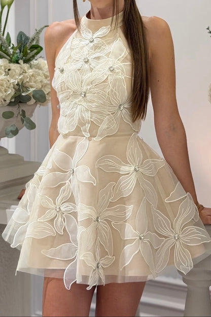 Floral Applique Halter Mini Dress
