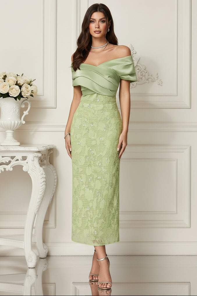 Off-Shoulder Sequin Lace Midi Dress