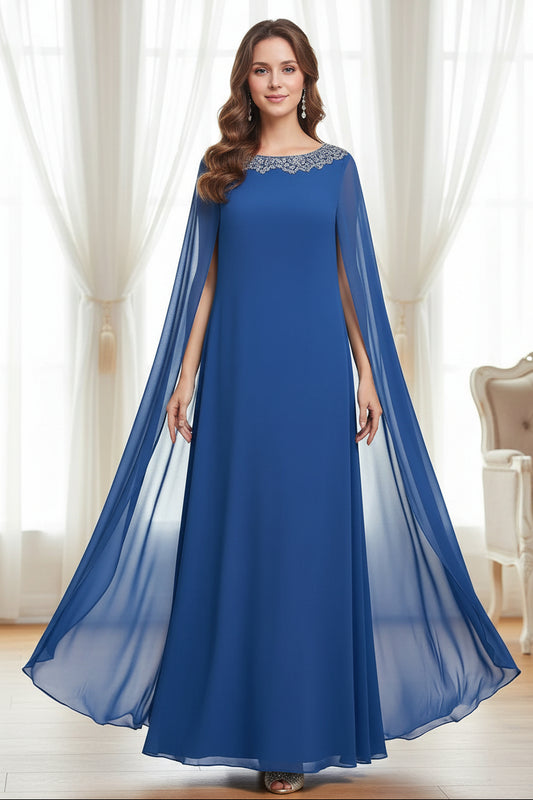 Beaded Neckline Chiffon Cape Evening Gown