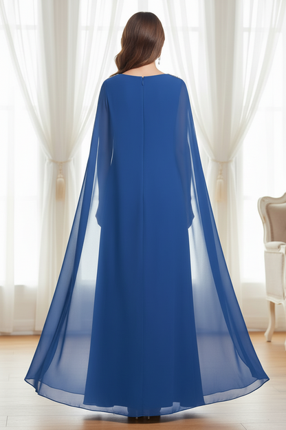 Beaded Neckline Chiffon Cape Evening Gown