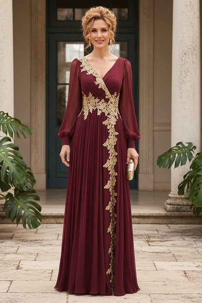 Pleated Chiffon Evening Gown with Gold Lace Applique