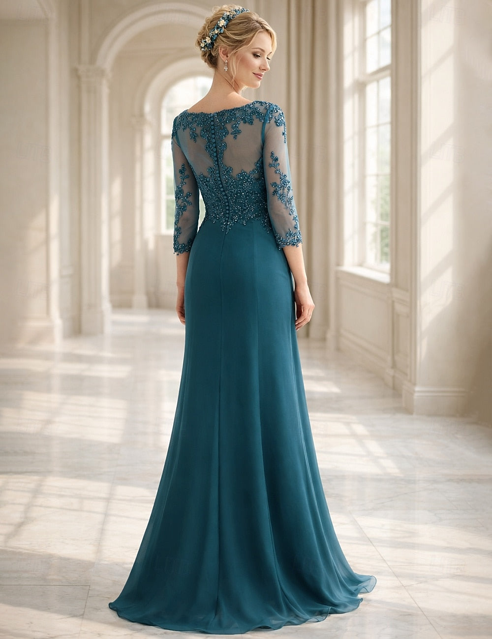Lace Bodice Chiffon Evening Gown