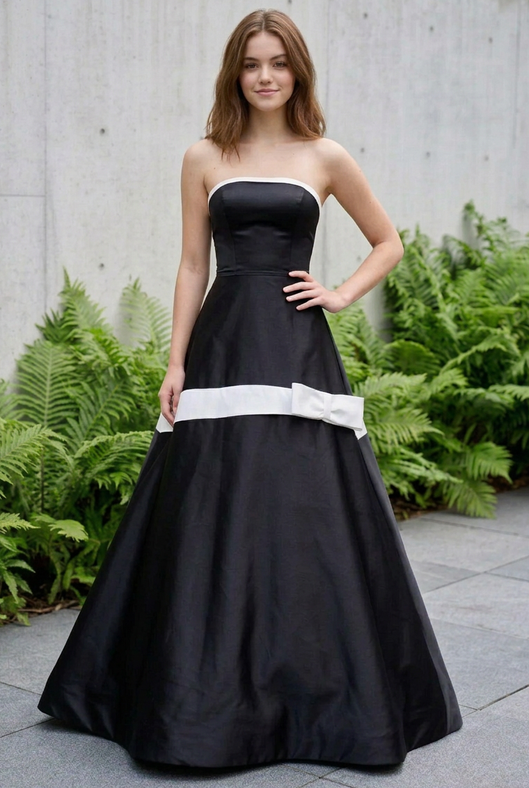 Strapless Contrast Trim Ball Gown with Bow Accent