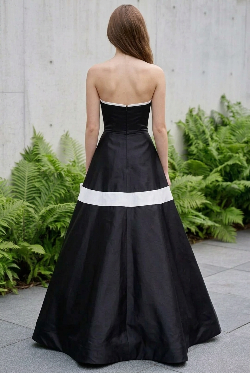 Strapless Contrast Trim Ball Gown with Bow Accent