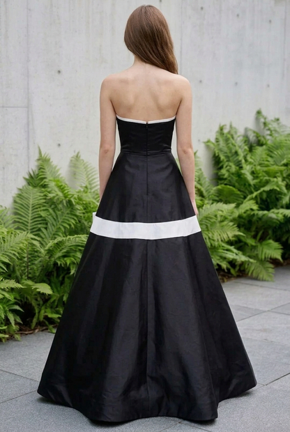 Strapless Contrast Trim Ball Gown with Bow Accent