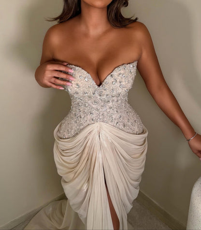 Beaded Sweetheart Draped Gown with Front Slit