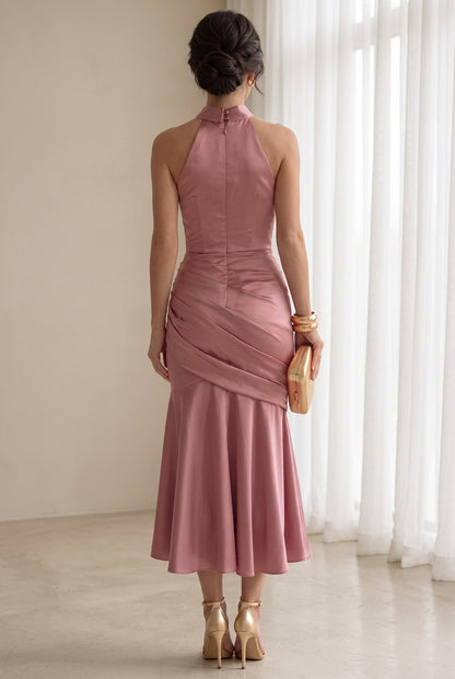 Halter Neck Ruched Satin Midi Dress