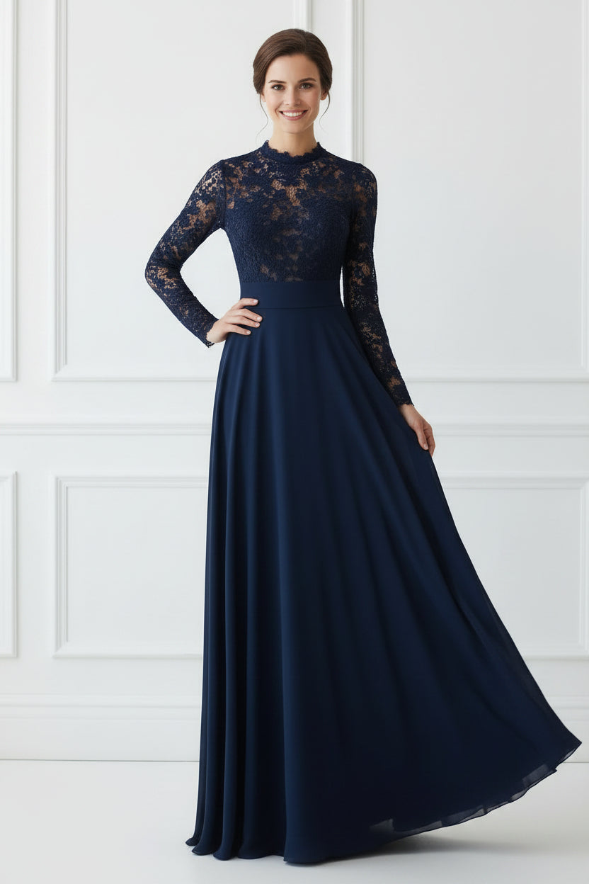 Elegant Long Sleeve Lace Bodice A-Line Gown