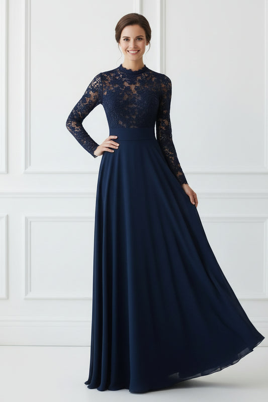 Elegant Long Sleeve Lace Bodice A-Line Gown