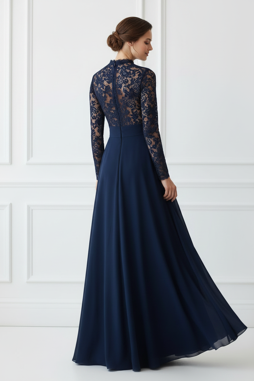 Elegant Long Sleeve Lace Bodice A-Line Gown