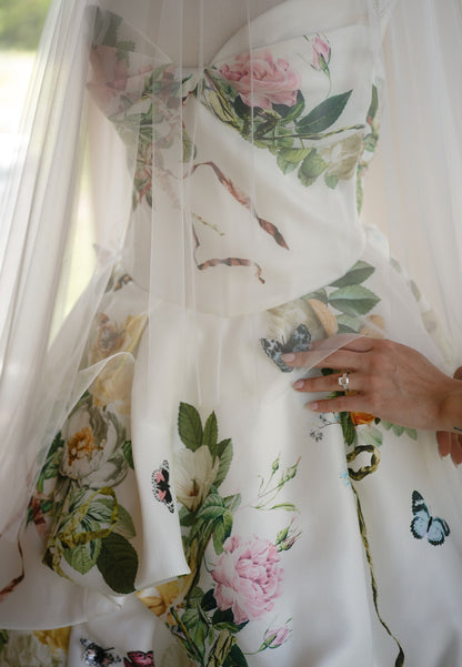Floral Strapless Ball Gown with Draped Skirt