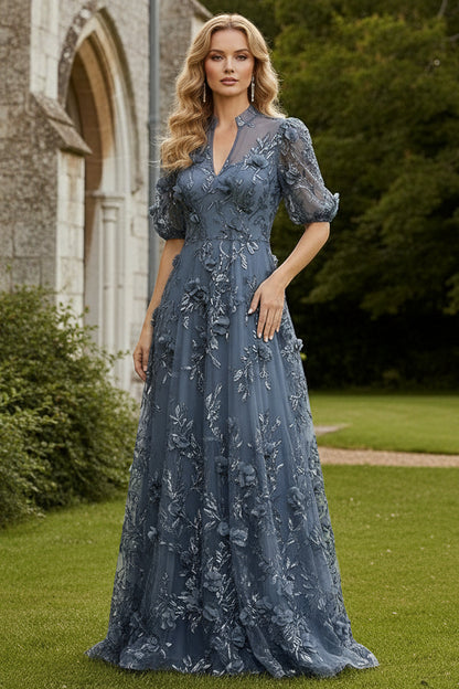 3D Floral Applique Short Sleeve A-Line Gown