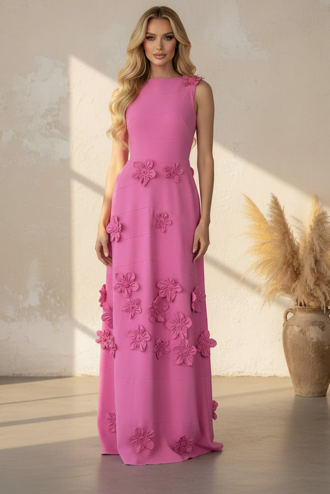 Sleeveless Maxi Column Gown with 3D Floral Appliques