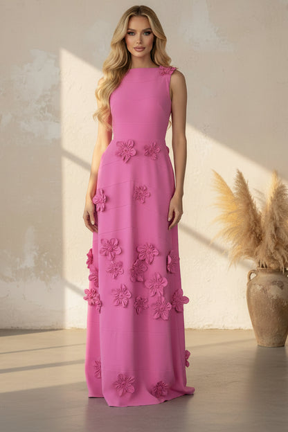 Sleeveless Maxi Column Gown with 3D Floral Appliques