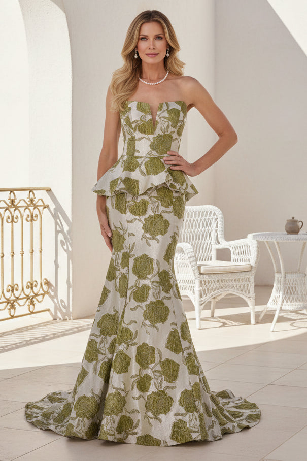 Strapless Peplum Jacquard Mermaid Gown