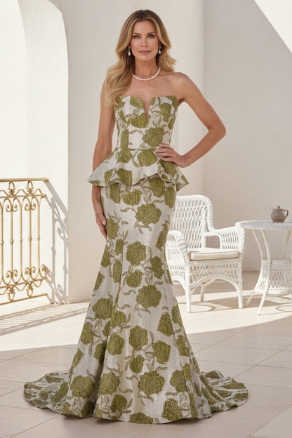 Strapless Peplum Jacquard Mermaid Gown
