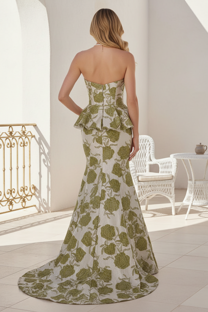 Strapless Peplum Jacquard Mermaid Gown