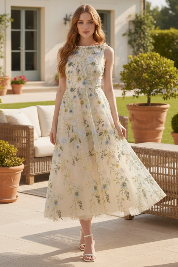 Floral Embroidered Sleeveless Tea-Length A-Line Dress