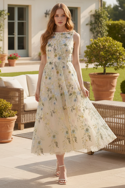 Floral Embroidered Sleeveless Tea-Length A-Line Dress