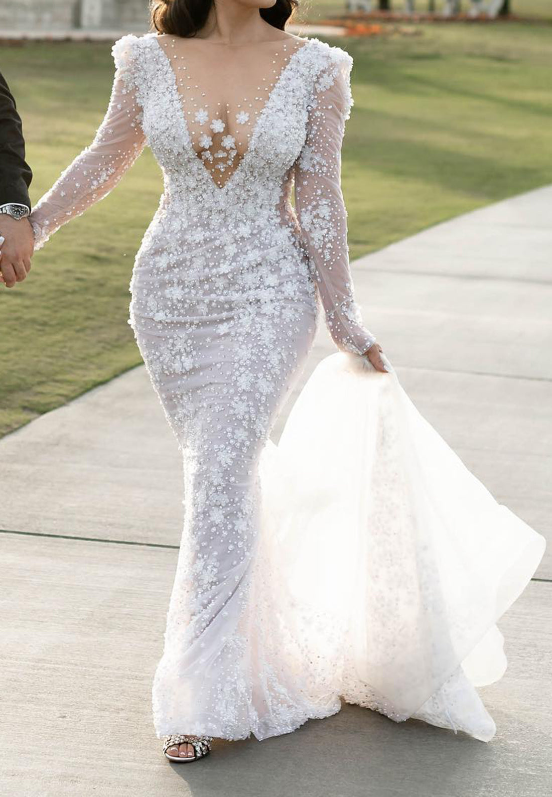 Beaded Illusion Plunge Mermaid Wedding Dress