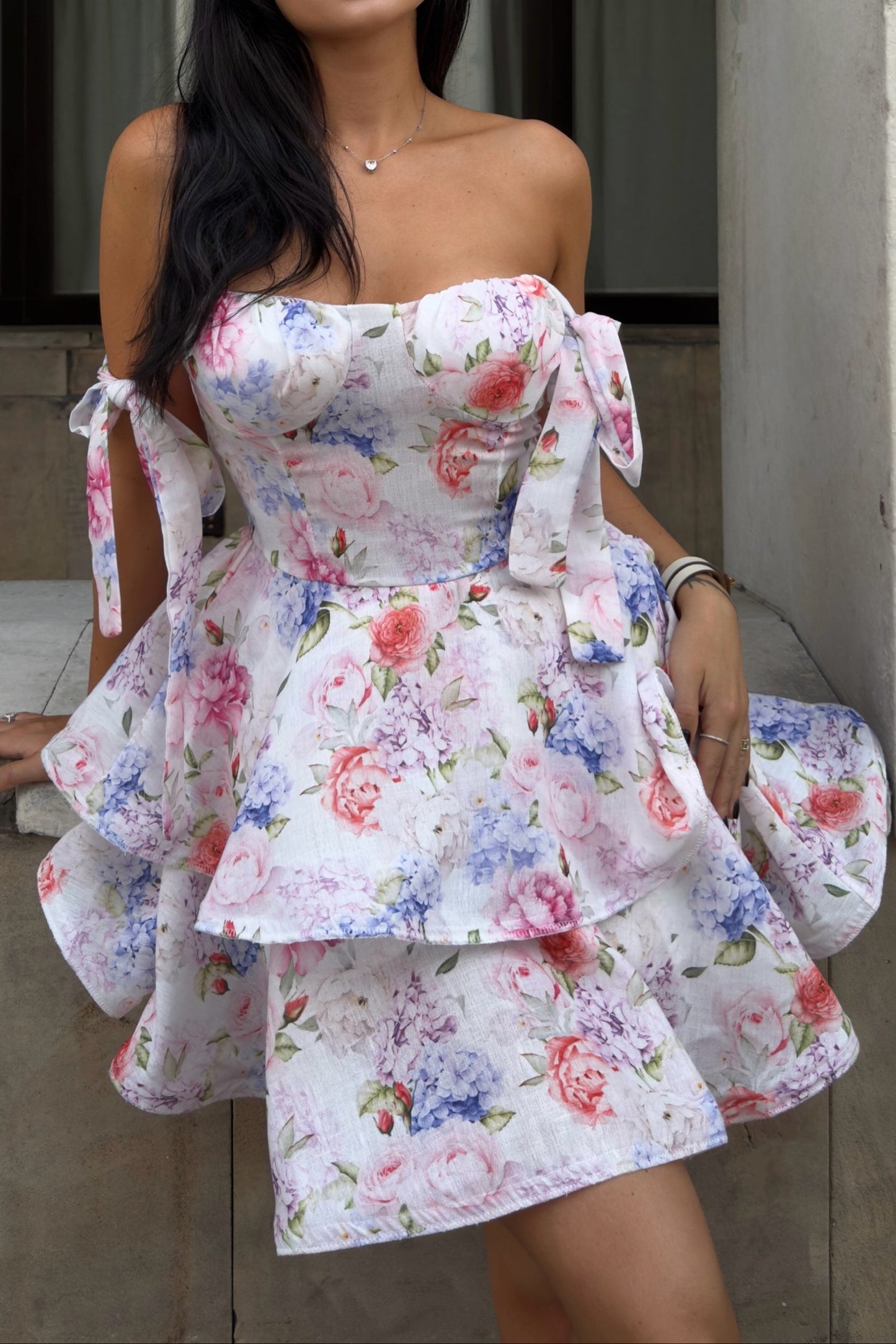 Off-Shoulder Floral Corset Tiered Mini Dress