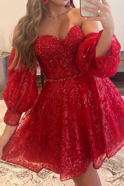 Off Shoulder Puff Sleeve Sequin Lace Mini Dress