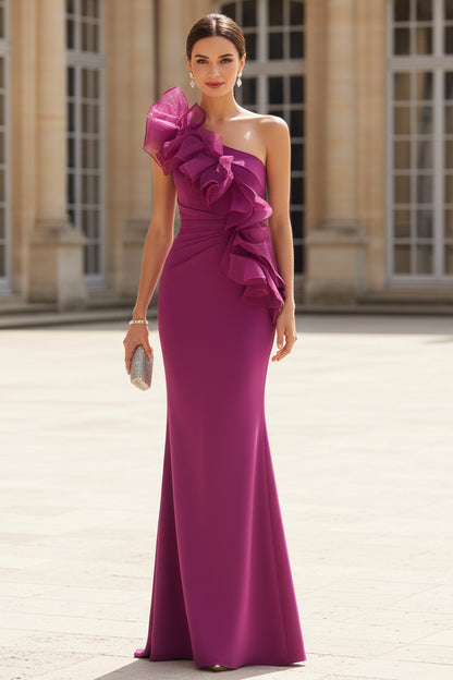 One-Shoulder Ruffle Mermaid Gown with High Slit