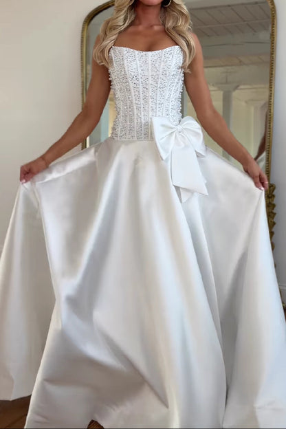 Strapless Beaded Bodice Ball Gown with Bow